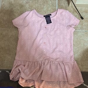 Blush pink shirt with decorative buttons and a ruffled skirt size large